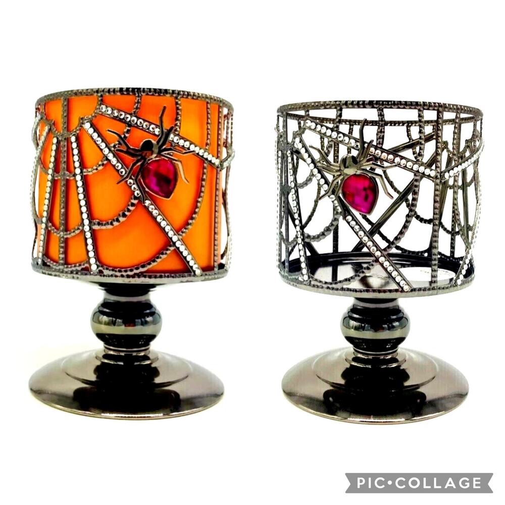 2 New Bath & Body Works Metal Spider Web Sparkling Crystals 3 Wick Candle Holder